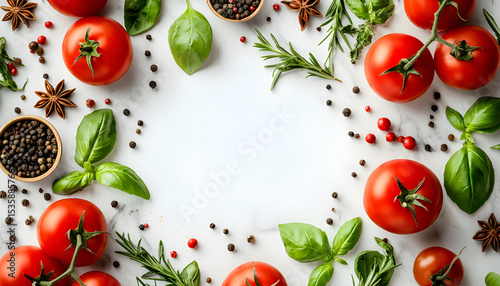 Fresh tomatoes herbs spices isolated white background. Red ripe vegetables, basil rosemary spices, healthy meal ingredients. Culinary, cooking, vegetarian eating background
