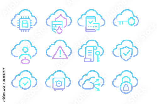 Neon cloud security icons with technology and data protection symbols