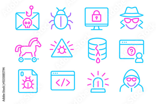 Neon cybersecurity icons: virus, spyware, and hacking symbols in blue and pink