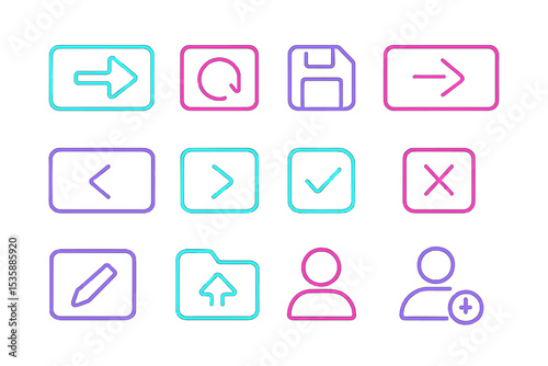 Neon icons displaying various actions and functions on gradient background