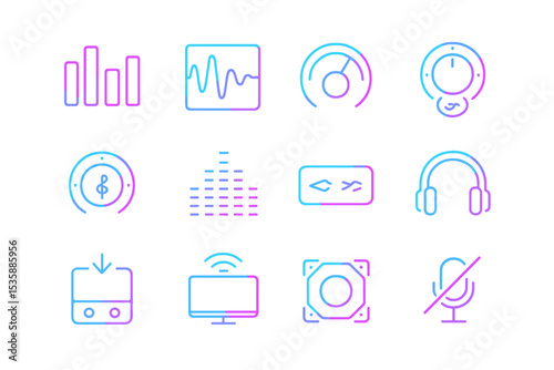 Neon glowing music icons on dark background – equalizer, headphones, microphone