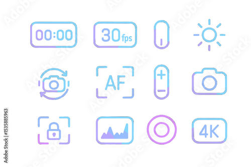 Neon camera interface icons on gradient background with glowing effects