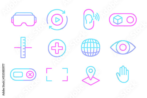 Neon futuristic virtual reality icons with glowing effects on dark background