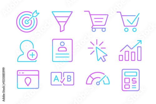 Neon marketing icons: strategy, analytics, conversion, shopping, web