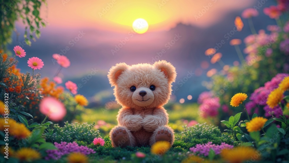 Fototapeta premium A charming teddy bear enjoys a peaceful moment in a garden filled with flowers.