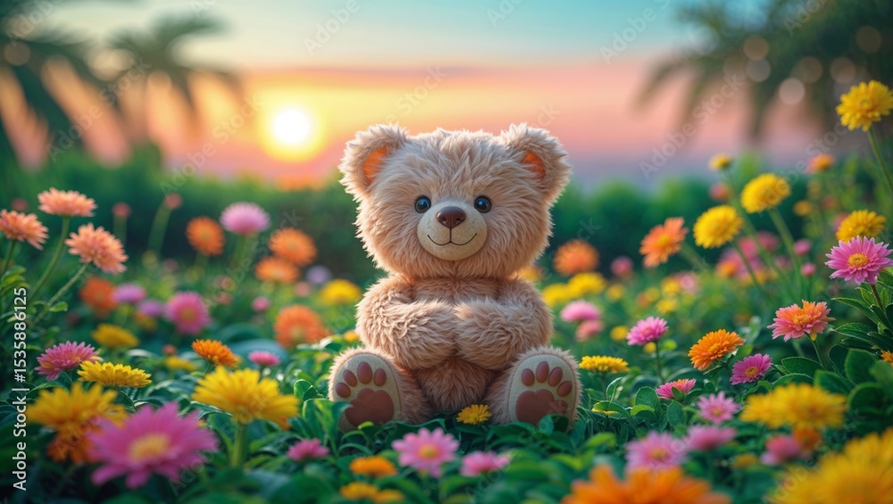 Fototapeta premium A cuddly teddy bear enjoys a beautiful sunset amidst colorful flowers in a field.