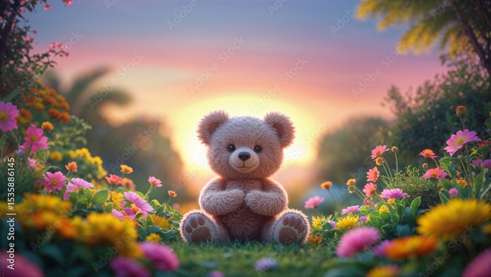 Fototapeta premium A teddy bear enjoys a beautiful sunset in a field of colorful flowers.