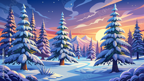 Pine trees covered with snow on frosty evening. Beautiful winter panorama Very beautiful