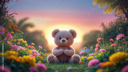 A teddy bear enjoys a beautiful sunset in a field of colorful flowers.