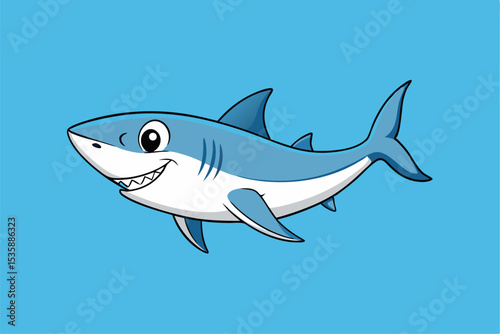 Friendly Cartoon Shark on Blue: A charming and happy cartoon shark, showcasing its toothy grin. Perfect for educational or playful content.