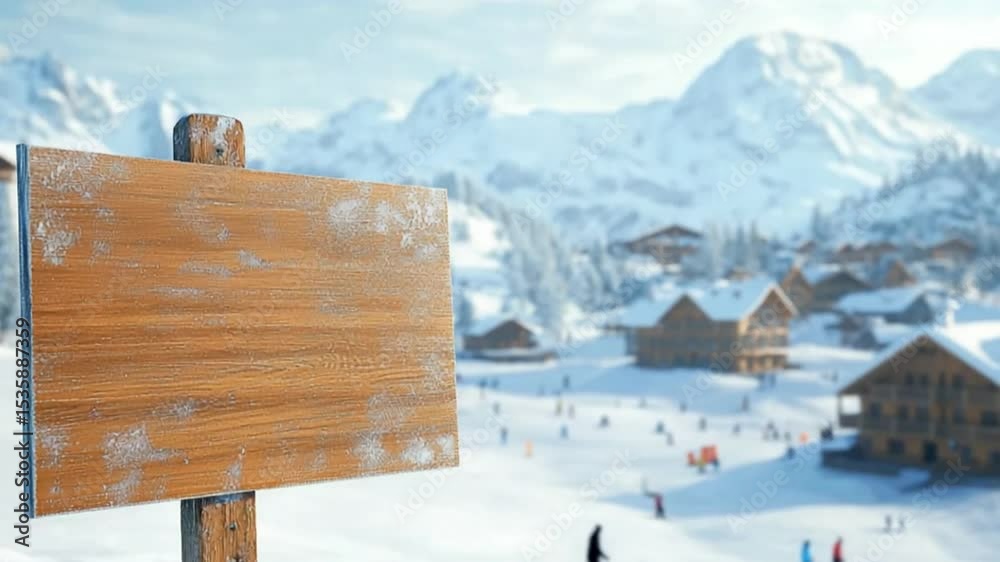 custom made wallpaper toronto digitalSnowy mountain landscape with skiers and wooden sign in foreground, showcasing winter sports