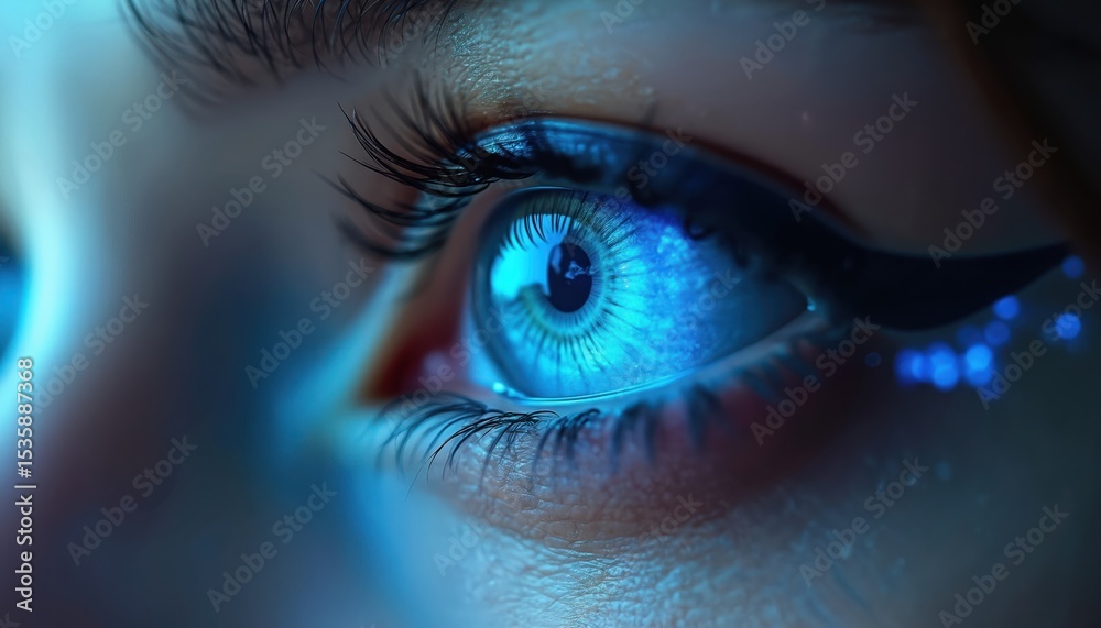 Fototapeta premium Close-up human eye with blue eyeliner, futuristic blue glow effect. Beauty, health, skincare, vision concept, cosmetics, optometry. Eye health supplement advertisement.