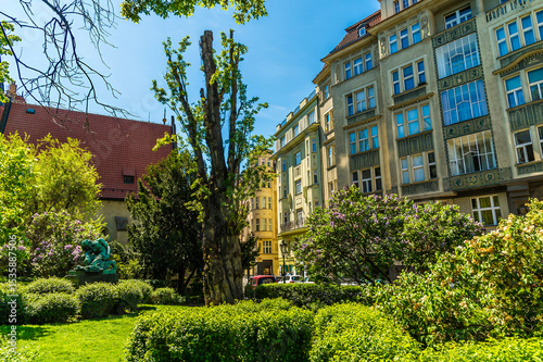 A view across a park in the Jewish quarter of Prague in springtime