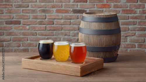 Craft beer barrel local concept. Three craft beers in glasses on a wooden tray beside a barrel against a rustic brick wall.