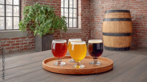 Craft beer barrel local concept. Craft beer selection on a wooden tray in a rustic brewery setting with a barrel in the background.