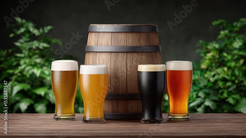 Craft beer barrel local concept. Four glasses of beer in front of a wooden barrel, surrounded by greenery.