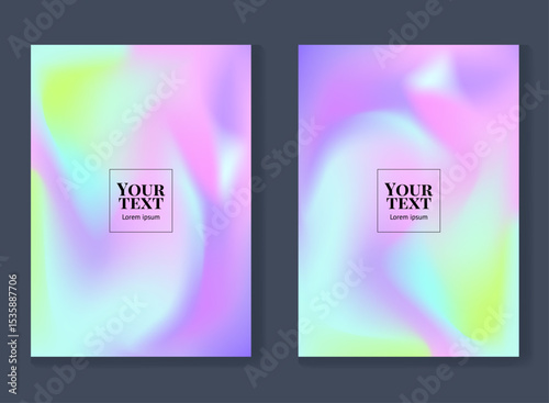 Abstract vector background with hand drawn gradient. Set of templates for social networks, advertising layouts, printing and presentations. Soft holographic blur and modern iridescent colors.