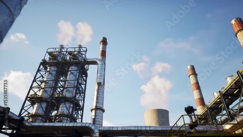 Upward pan of industrial power plant with billowing steam and shimmering metal