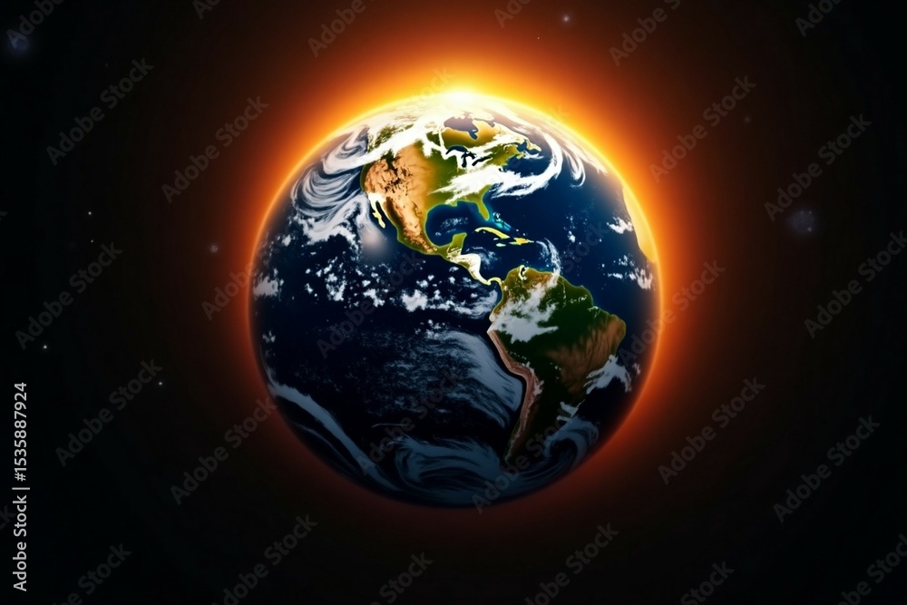 Fototapeta premium Earth surrounded by a glowing orange halo, showcasing a stunning view of the planet from space, emphasizing the beauty of our world in a cosmic setting