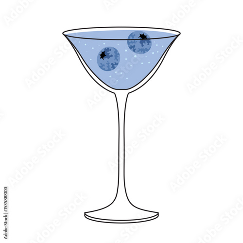 Glass of blue martini with blueberries. Summer cocktail isolated on white background. Drink for menu, bar. Ice alcoholic drink
