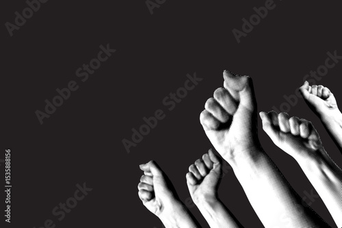 Halftone hands raised up with closed fist. Fists up on black background. Feminists fight. Collage for protest. Protection of rights and freedoms. Woman rights concept. Protesting crowd