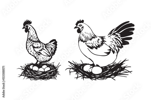 Vintage Hen Nesting with Eggs Illustration Farm Animal Silhouette Clipart