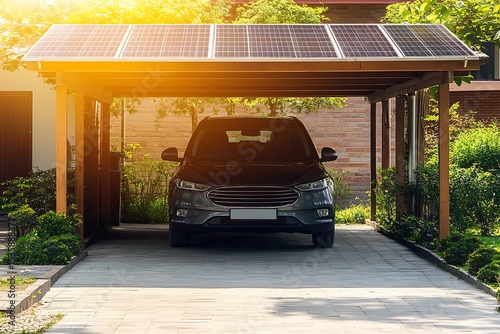 Modern residential carport featuring solar panels providing sustainable energy for electric vehicle charging and eco-friendly living