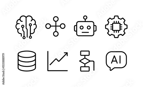 Artificial intelligence line icons set with brain, robot, chip, data, chart, flowchart, AI. Vector template.