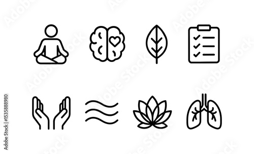 Wellness and mindfulness line icons set with yoga, brain, leaf, checklist, lotus, lungs, hands. Vector template.