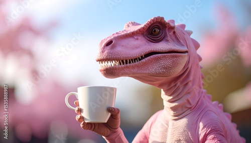 Fototapeta Naklejka Na Ścianę i Meble -  Pink dinosaur drinks coffee outdoors