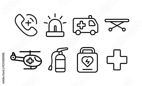 Emergency services line icons set with ambulance, siren, stretcher, fire extinguisher, defibrillator. Vector template.