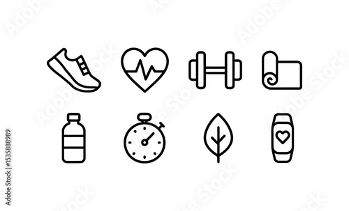 Fitness and health line icons set with shoe, heart rate, dumbbell, yoga mat, bottle, stopwatch, tracker. Vector template.