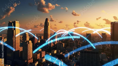 Sunset cityscape with animated digital connectivity arcs and dynamic city lights