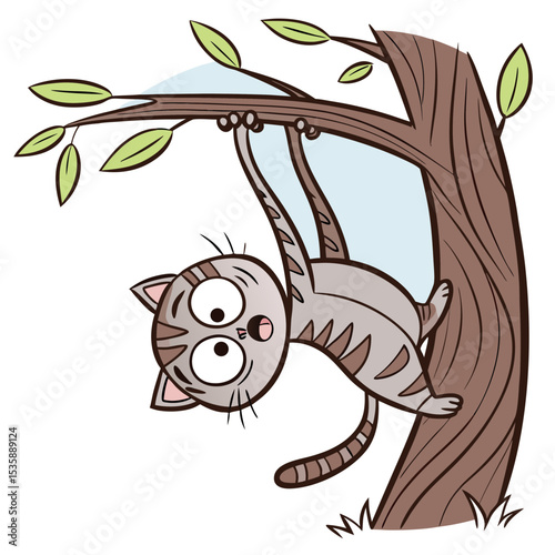 Cartoon Cat Hanging From a Tree Branch