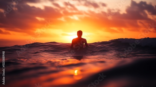 The silhouette of a surfer entering the sea at dawn. The sun is rising, painting the sky with shades of orange and pink.