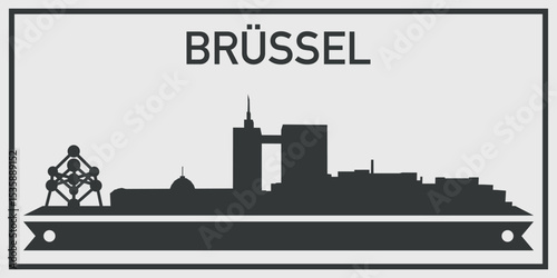 Silhouette of Brussel city skyline with minimalistic design in black and gray color scheme and decorative ribbon for text on the bottom. Vector on a gray background