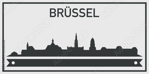 Silhouette of Brussel city skyline with minimalistic design in black and gray color scheme and decorative ribbon for text on the bottom. Vector on a gray background