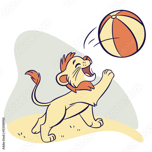Happy Lion Cub Playing with a Colorful Ball in the Sand