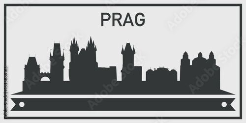 Silhouette of Prag city skyline with minimalistic design in black and gray color scheme and decorative ribbon for text on the bottom. Vector on a gray background