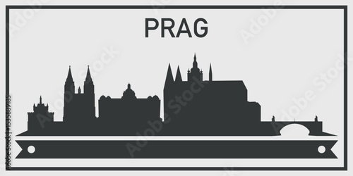 Silhouette of Prag city skyline with minimalistic design in black and gray color scheme and decorative ribbon for text on the bottom. Vector on a gray background