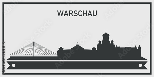 Silhouette of Warschau city skyline with minimalistic design in black and gray color scheme and decorative ribbon for text on the bottom. Vector on a gray background