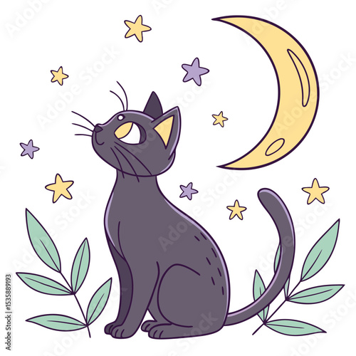 Black Cat Gazing at the Moon Under a Starry Sky