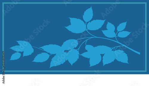 a drawing of a branch with leaves in light blue on a dark blue background with a frame.