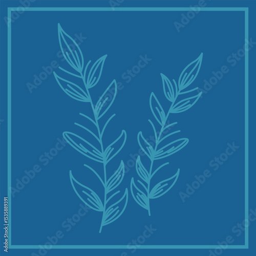 The composition is symmetrical with a frame and two stylized plant elements resembling branches with leaves, executed in light blue on a dark blue background.