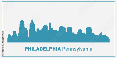 skyline silhouette of the city of Philadelphia, Pennsylvania executed in blue on a light background with a frame and the inscription “Philadelphia, Pennsylvania” below.