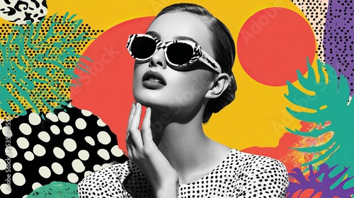 Stylish Woman in Trendy Sunglasses Bold Abstract Background Modern Fashion Design Graphic Art Print Vibrant Colors Summer Vibes Tropical Leaves Artistic Collage Creative           