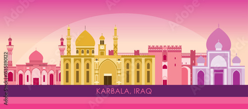 Sunset Skyline panorama of city of Karbala, Iraq - vector illustration