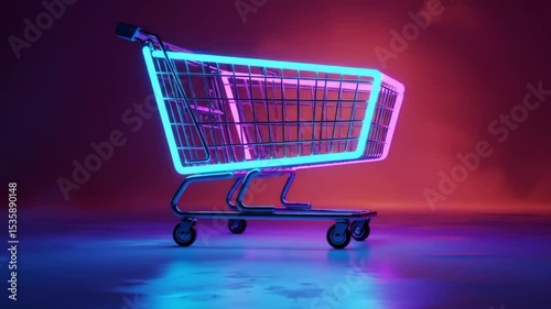 Neon shopping cart: pulsing lights, animated energy, and cyberpunk retail ambiance