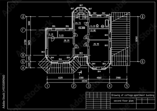 Vector architectural engineering construction
private residential building drawing,
second floor plan, dimensional lines. Industrial design
on sheet of paper. Blueprint of multistory
suburban cottage.