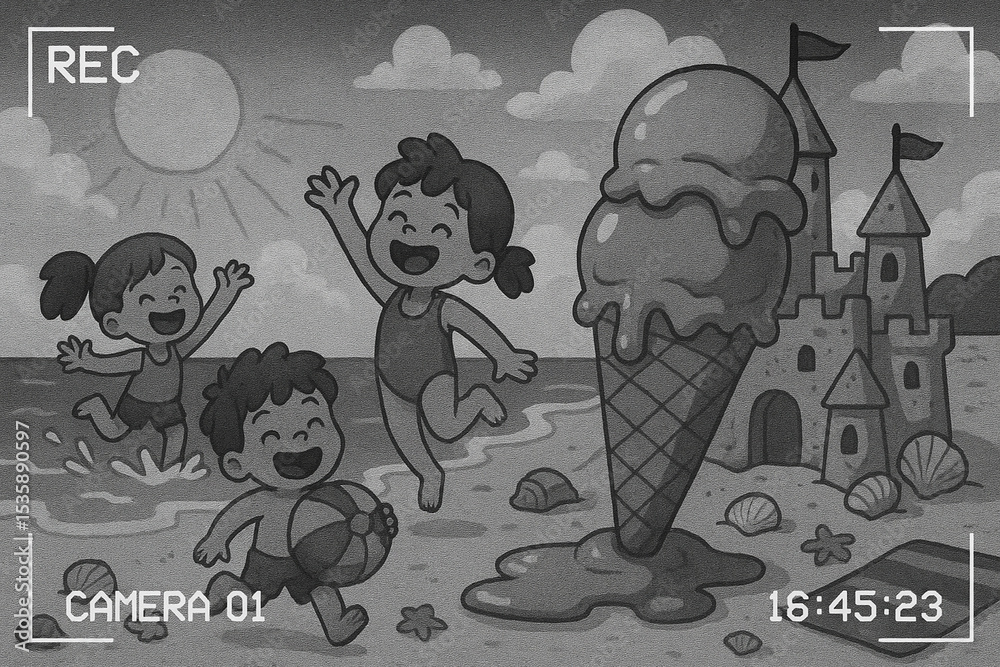 Fototapeta premium Cartoon of Children playing on a beach with ice-cream and a sandcastle being filmed - screen shows recording graphics